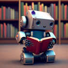 Adorable robot with big eyes and headphones reading book in library setting