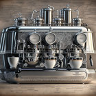 Steampunk-style espresso machine with gears, dials, and metallic finishes