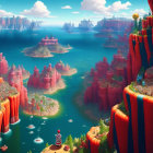 Colorful Flora, Mountains, Islands, and Bridges in Fantasy Landscape