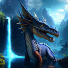 Majestic blue dragon by waterfall in mystical forest