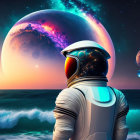 Astronaut on shore gazes at alien planet rising above horizon