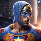 Superhero digital art: blue mask, star emblem, glowing embers background