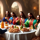 Humorous Last Supper reinterpretation with identical laughing men and fast food meal