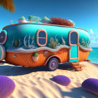 Vibrant marine-themed caravan on sandy beach with purple sea urchins.