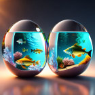 Colorful Fish and Coral in Spherical Aquariums on Reflective Surface