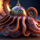 Orange octopus holding a stylized spherical object in 3D render