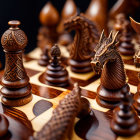 Intricate Dragon-themed Wooden Chess Set with Checkered Board