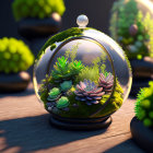 Succulent terrariums on wooden surface in sunny setting