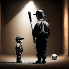 Child and adult in baseball attire with bat and ball in dimly lit alley