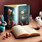 Open book with magical bird and rabbit illustration next to real rabbit and decorated eggs on table