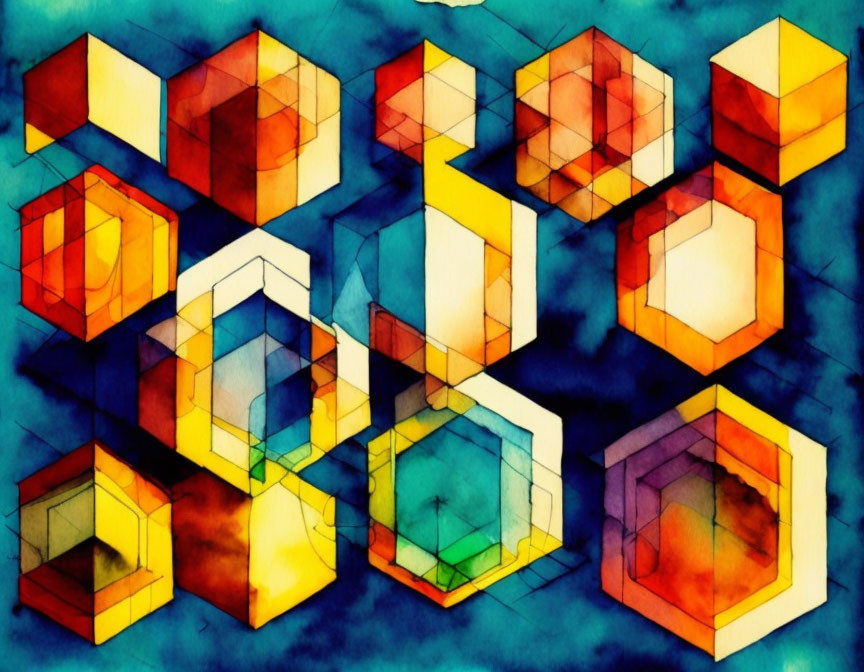 Colorful Geometric Watercolor Art: 3D Cubes in Stained Glass Style