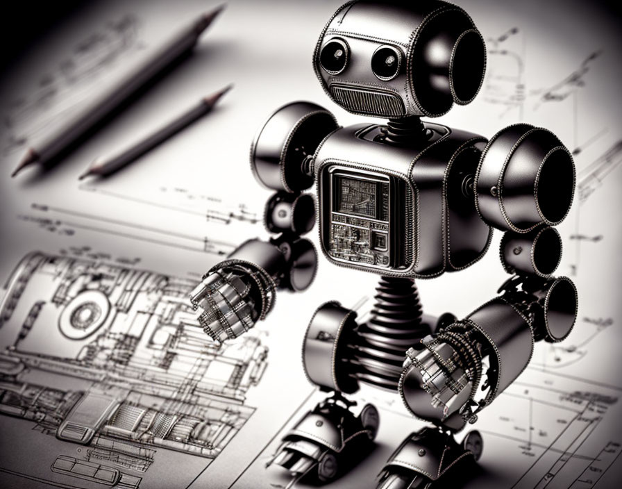 Spherical-headed robot with camera eyes on technical schematics