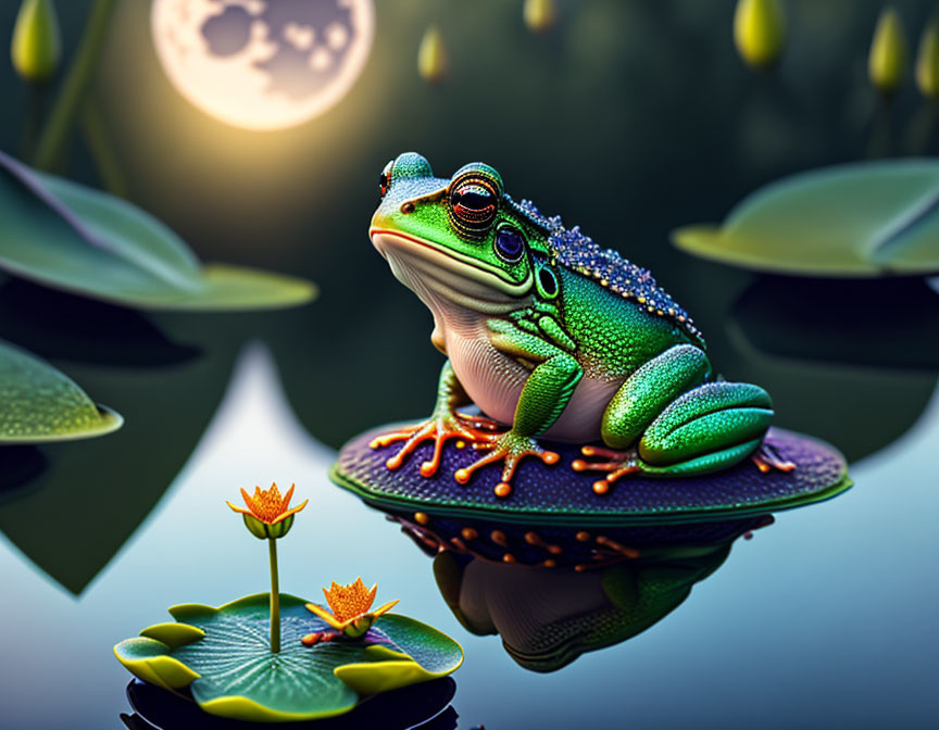 Green frog on lilypad under moonlit sky with orange flowers