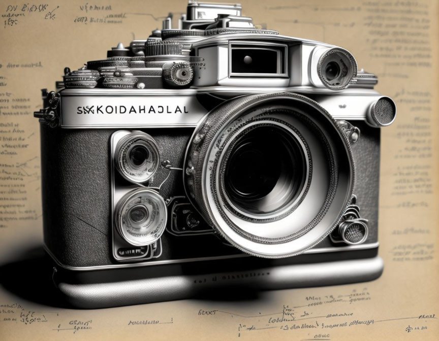 Vintage Camera with Dual Lenses and Intricate Details on Handwritten Notes Background