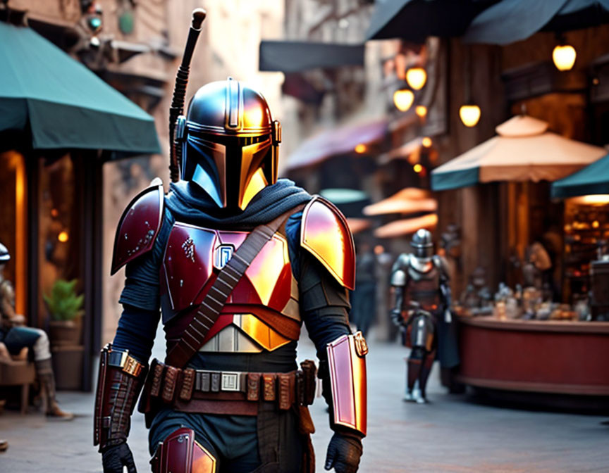 Elaborate Mandalorian armor in bustling market alley