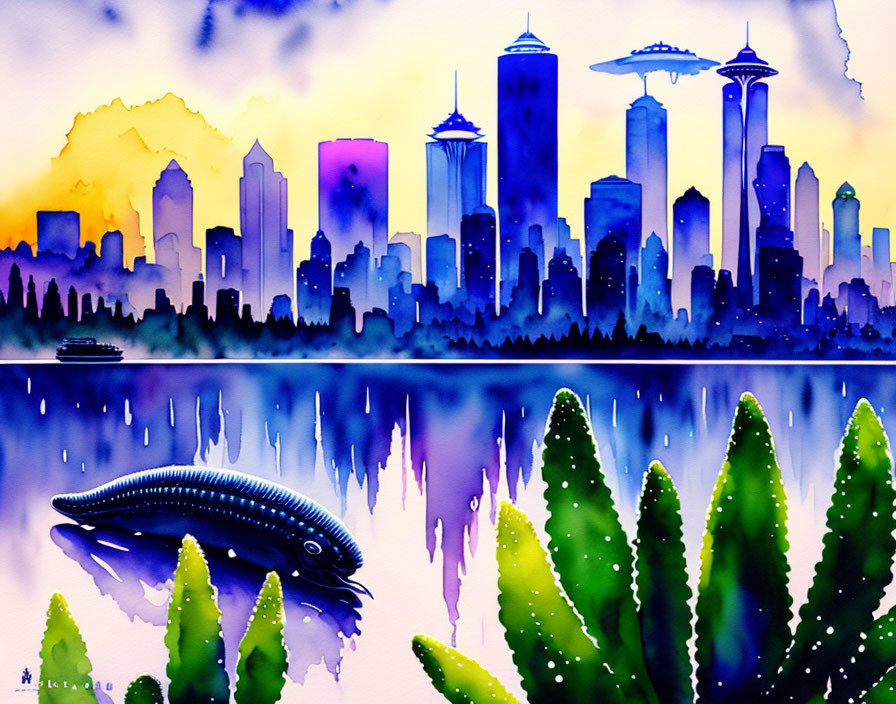 Vibrant watercolor of futuristic skyline with floating buildings & fish