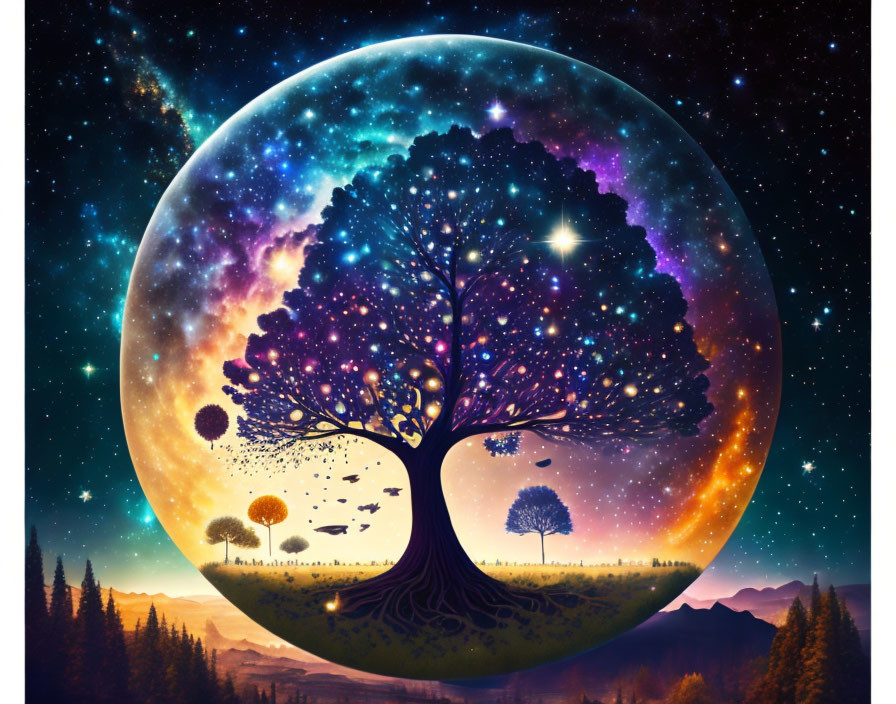 Colorful tree artwork with cosmos canopy and moon backdrop over forest silhouette