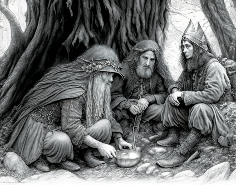 Black and white fantasy illustration of three characters under large trees, one stirring a bowl