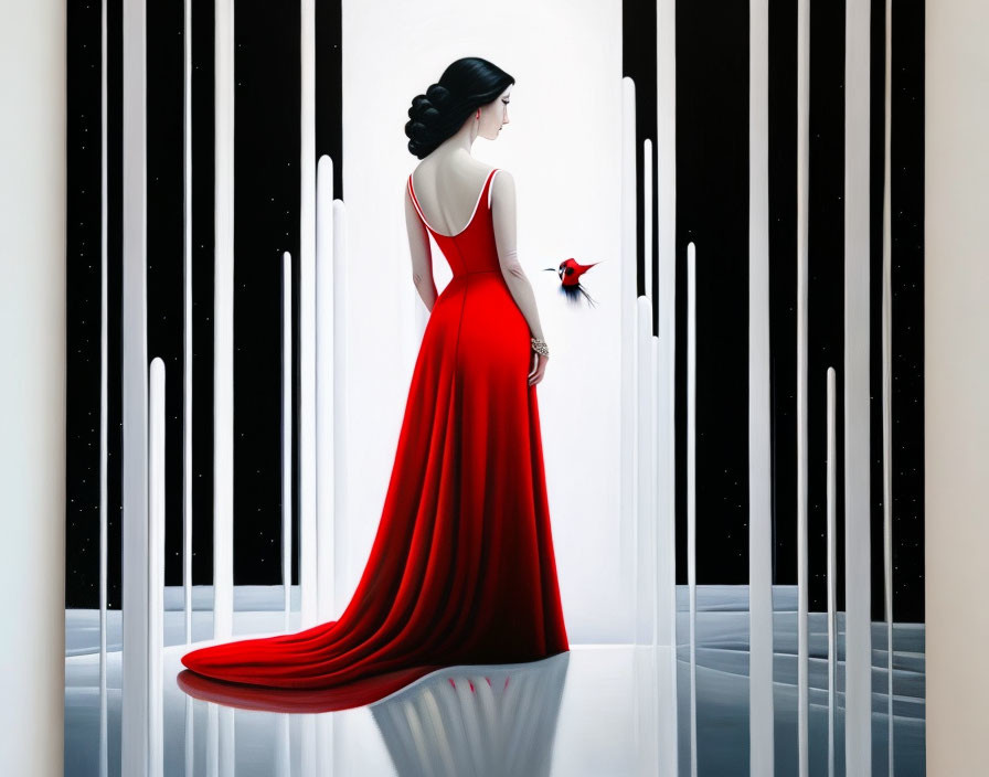 Woman in Red Dress among White Pillars Holding Flower at Night