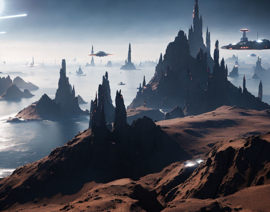 Futuristic landscape with towering spires, ocean, flying vehicles, distant city, hazy sky