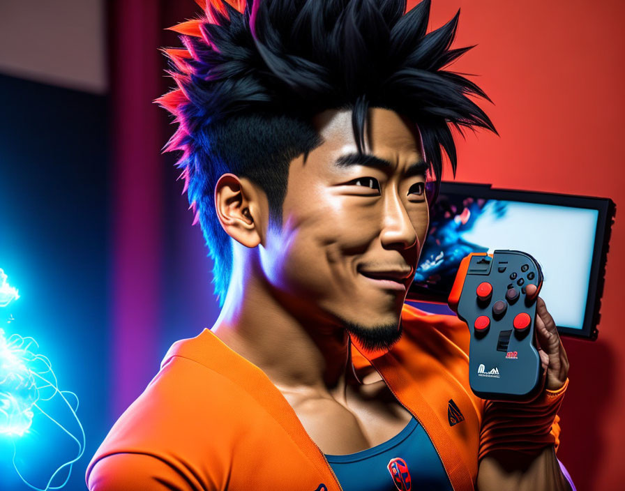 3D male character winking with spiky hair holding game controller