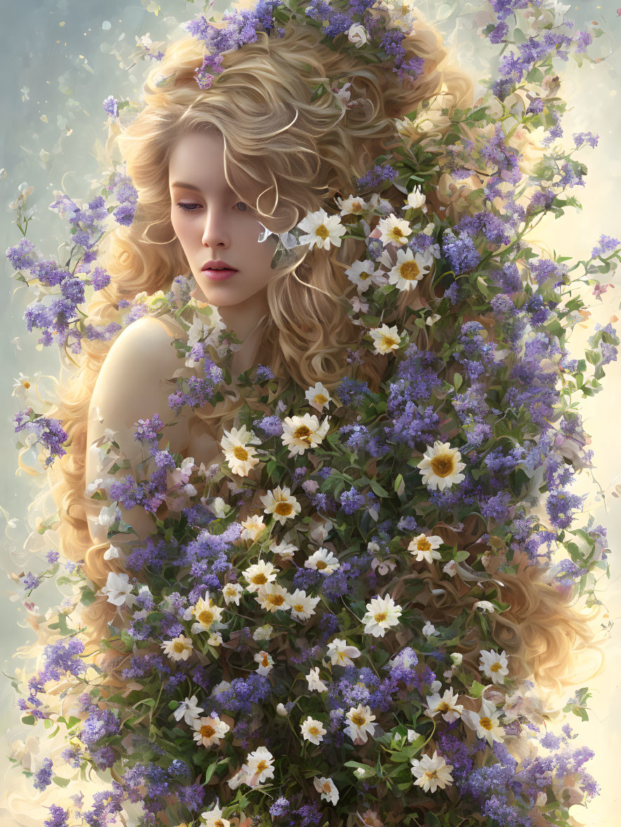 Woman with Golden Curls Surrounded by Purple and White Flowers