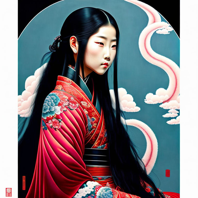 Traditional Japanese Attire Woman Illustration with Clouds and Circular Pattern