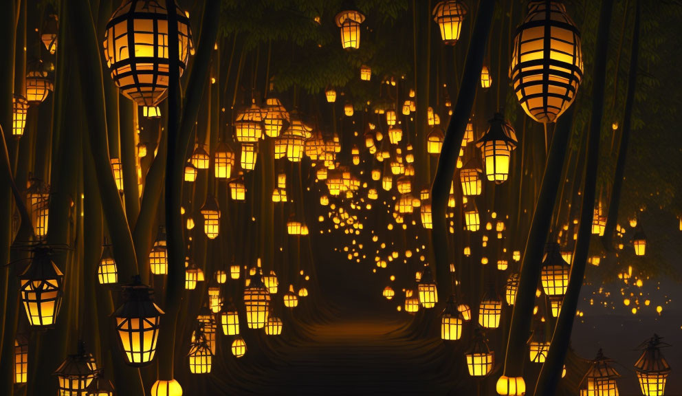 Bamboo-lined pathway illuminated by lanterns and light orbs