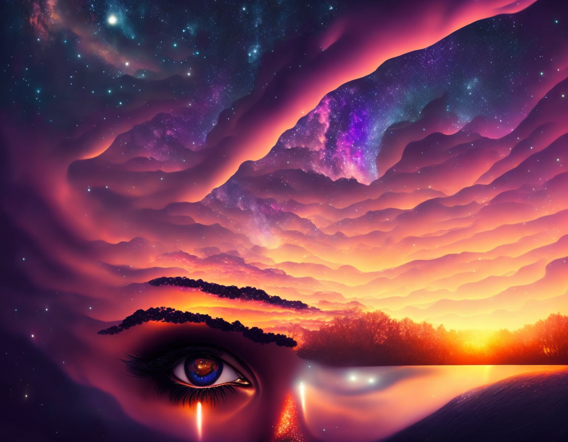Surreal artwork: vibrant sunset, starry sky, tree silhouette in woman's eye