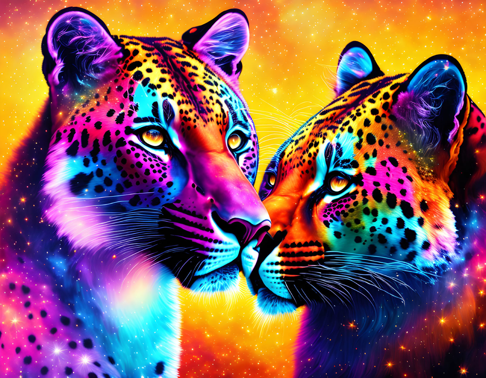 Colorful Digital Art: Two Leopards in Neon Colors on Cosmic Background