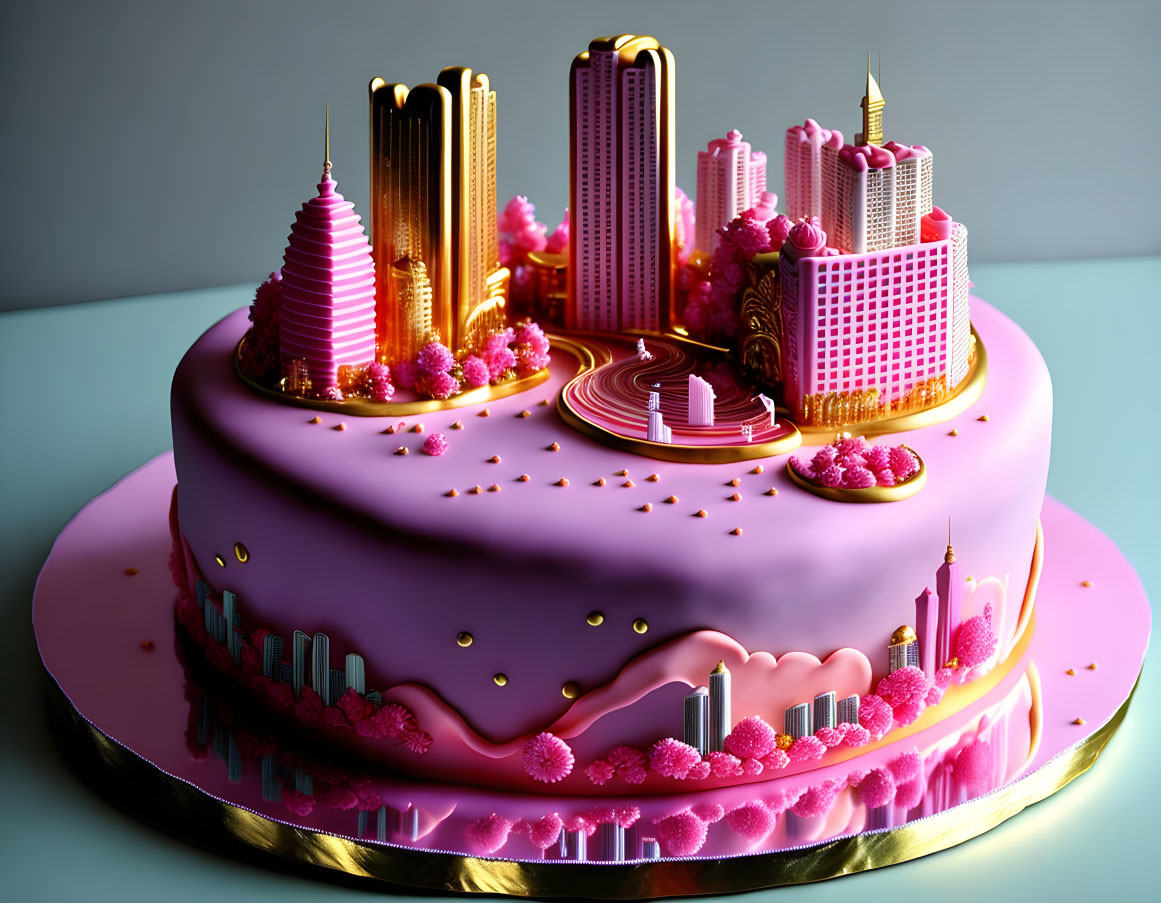 Purple City-Themed Cake with Edible Skyscraper Models