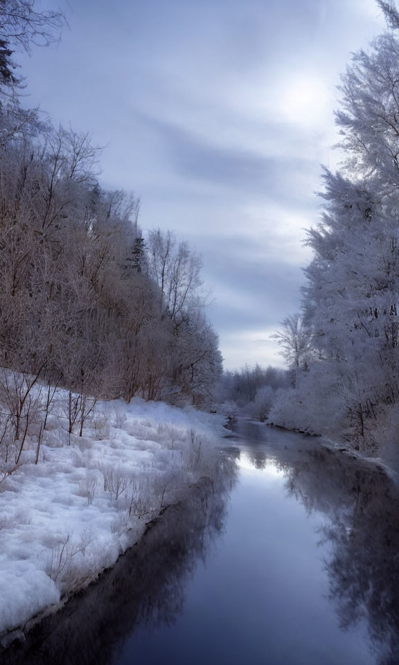 Tranquil Winter Landscape with Snow-Covered Trees and River