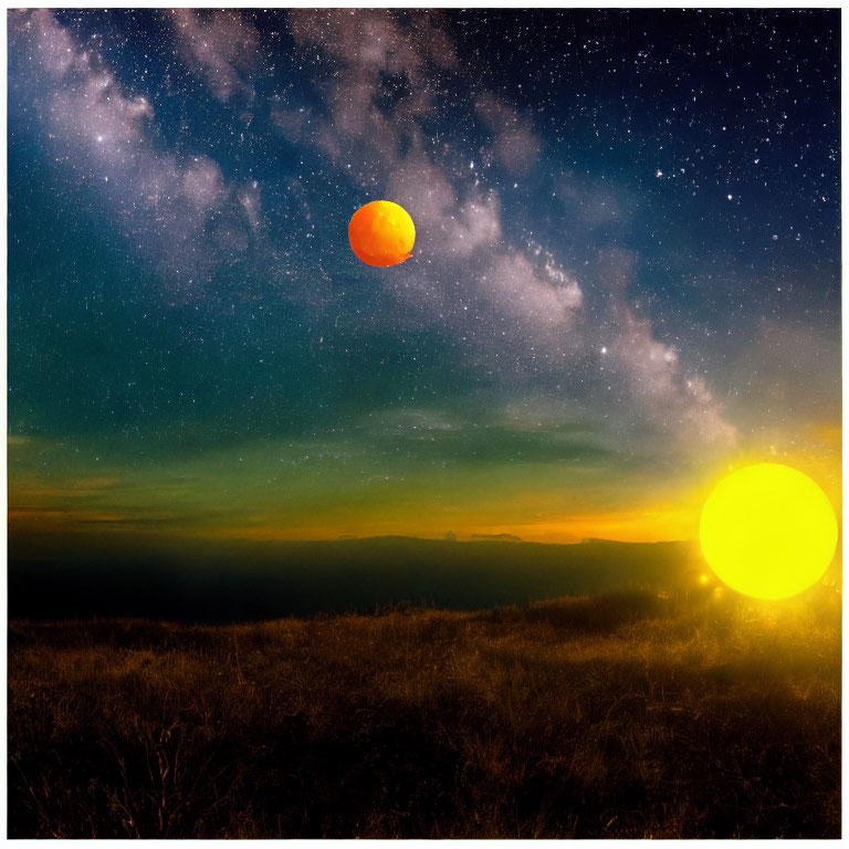 Surreal landscape featuring red moon, yellow sun, and starry sky