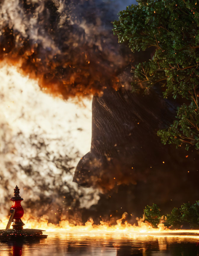 Japanese pagoda engulfed by towering fire and smoke, embers reflected in water.