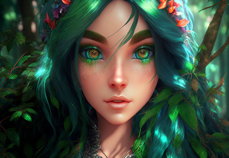 Vibrant teal hair and emerald eyes in digital art portrait