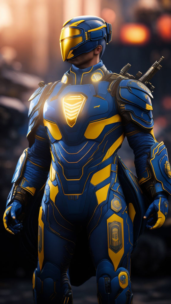 Futuristic blue and yellow armor suit with glowing elements on confident person