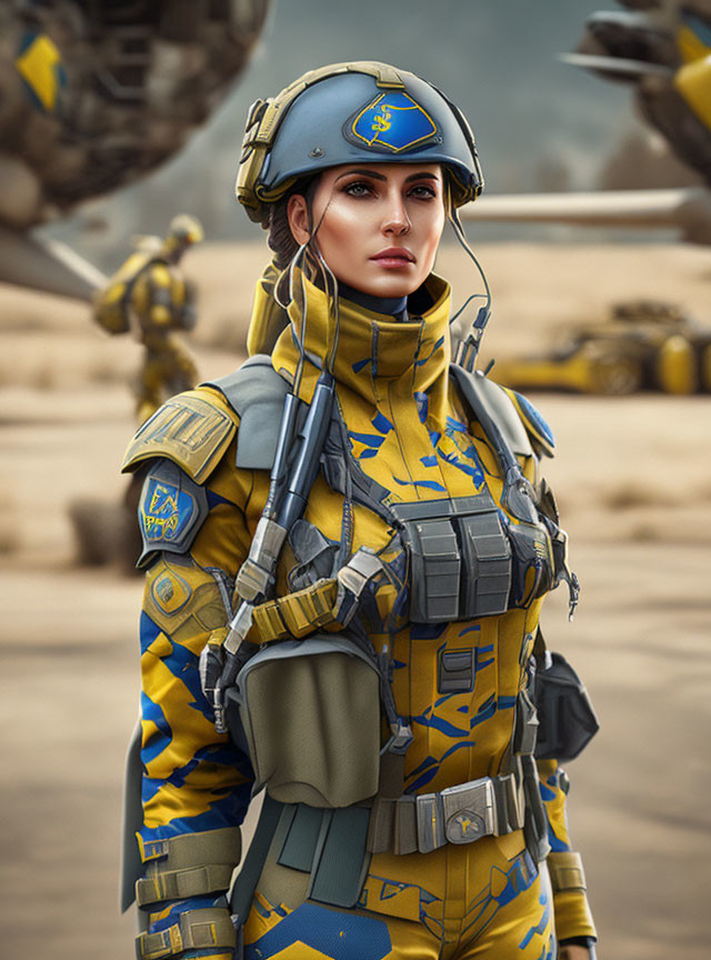 Futuristic military woman in blue and yellow uniform with mechs in background