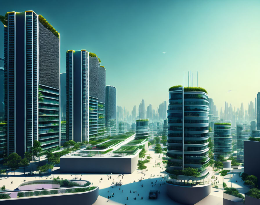 Futuristic cityscape with greenery-topped buildings and people in utopian setting