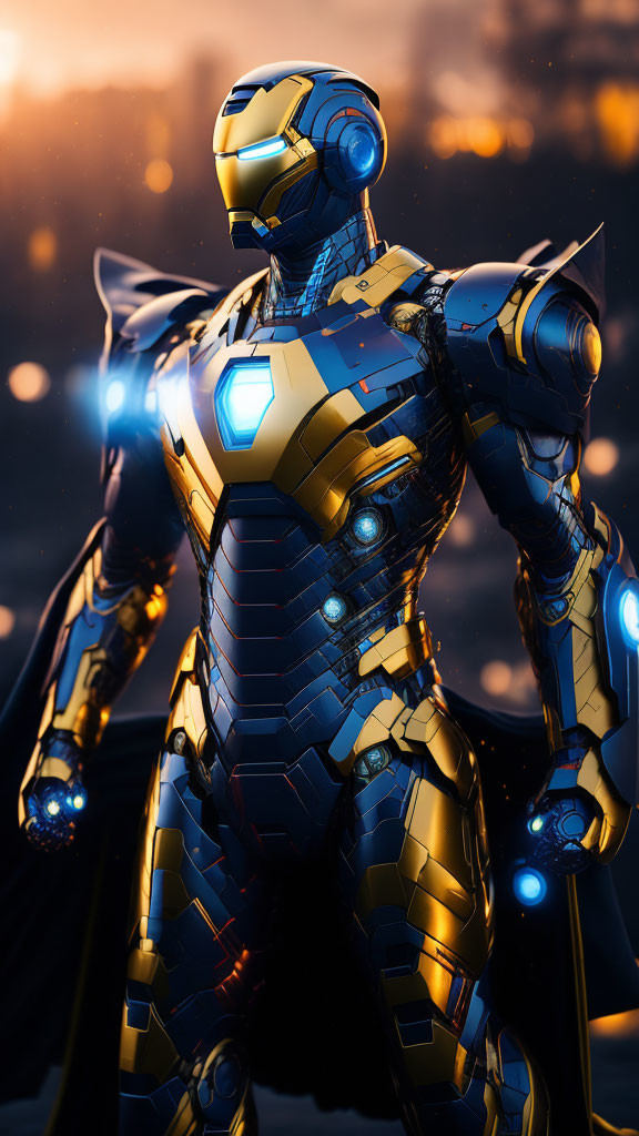 Gold and Blue Detailed High-Tech Armor Suit with Illuminated Repulsors