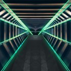 Futuristic corridor with green neon lights and vanishing point