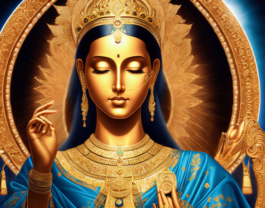 Blue-skinned deity in ornate blue and gold attire with golden halo and right hand mudra.