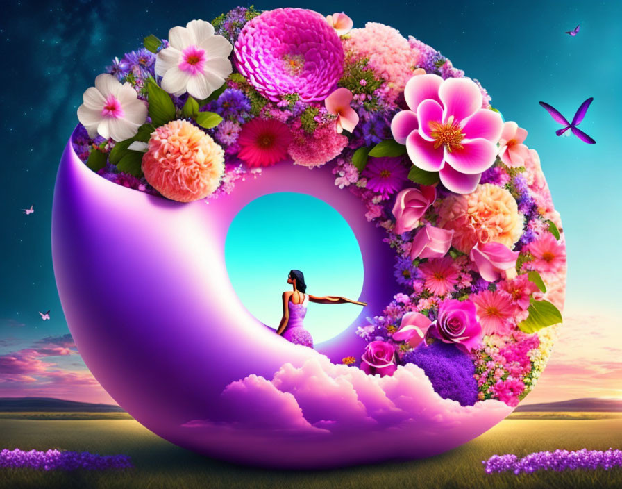 Woman in purple dress seated in crescent moon with colorful flowers and flying butterflies against twilight sky