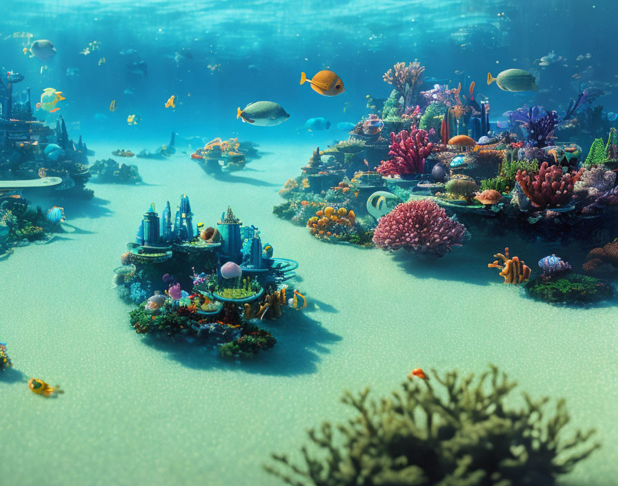 Colorful Coral and Fish Surround Miniature Fantasy Castles in Vibrant Underwater Scene