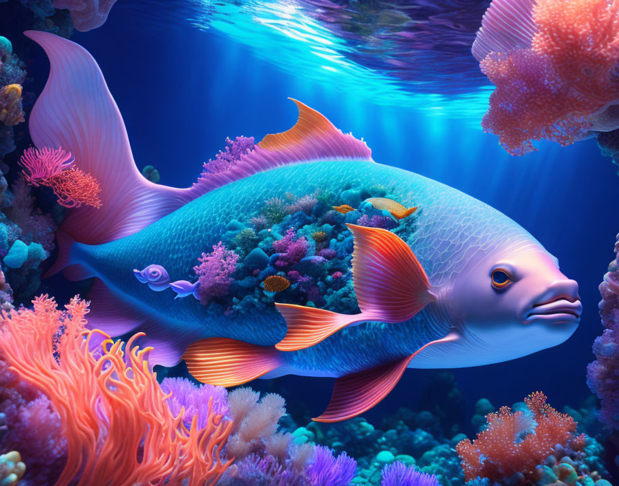 Colorful CGI Image: Large Fish with Coral Reef Ecosystem