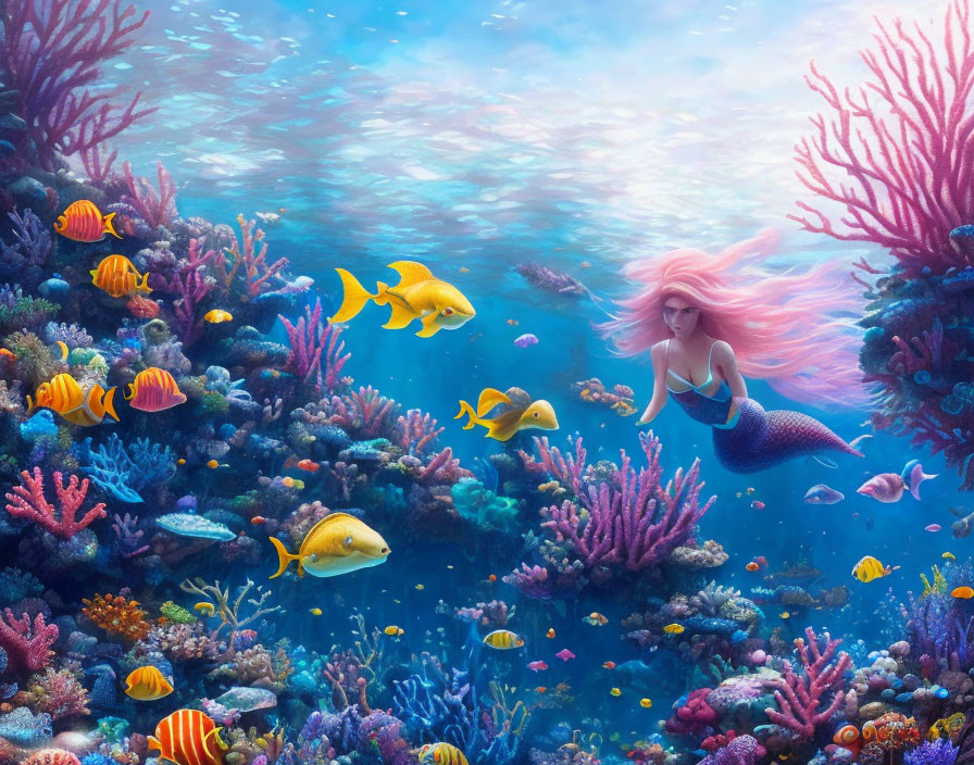 Mermaid with Pink Hair Swims in Colorful Underwater Scene