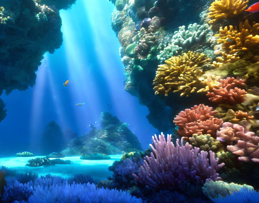 Vibrant coral reef teeming with marine life under sunlight