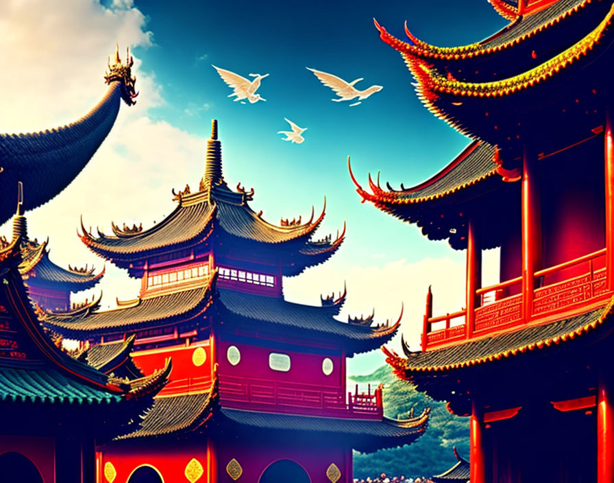 Traditional Chinese Temple Illustration with Rooftops, Birds, and Dragon Silhouette