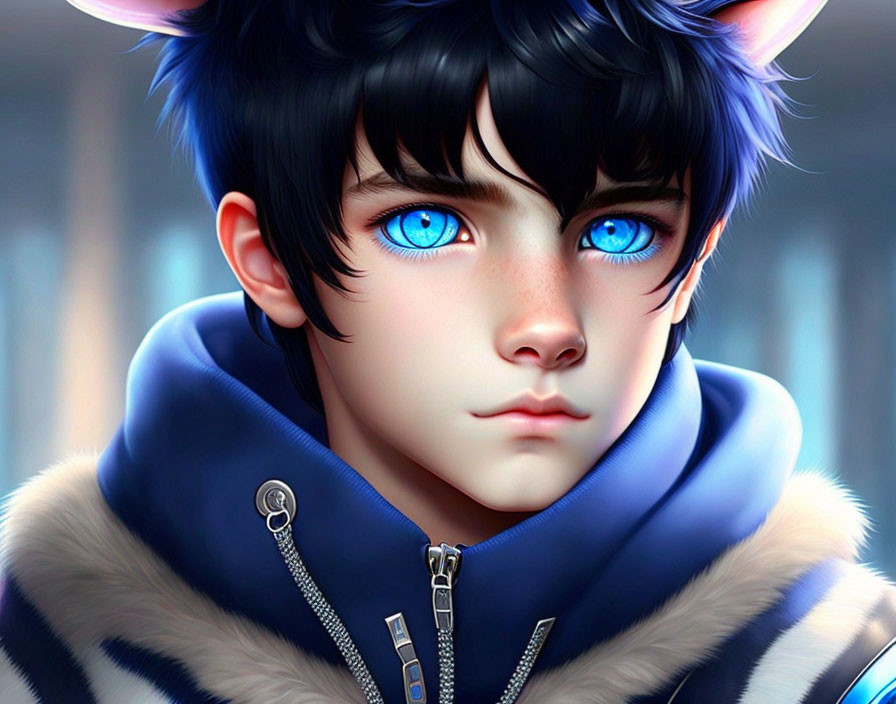 Character with blue eyes, black hair, animal ears, blue jacket with fur trim