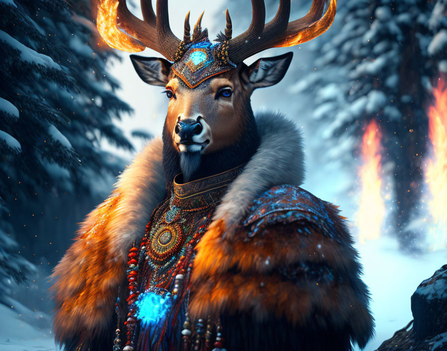 Majestic fantasy stag in ornate armor in snowy forest