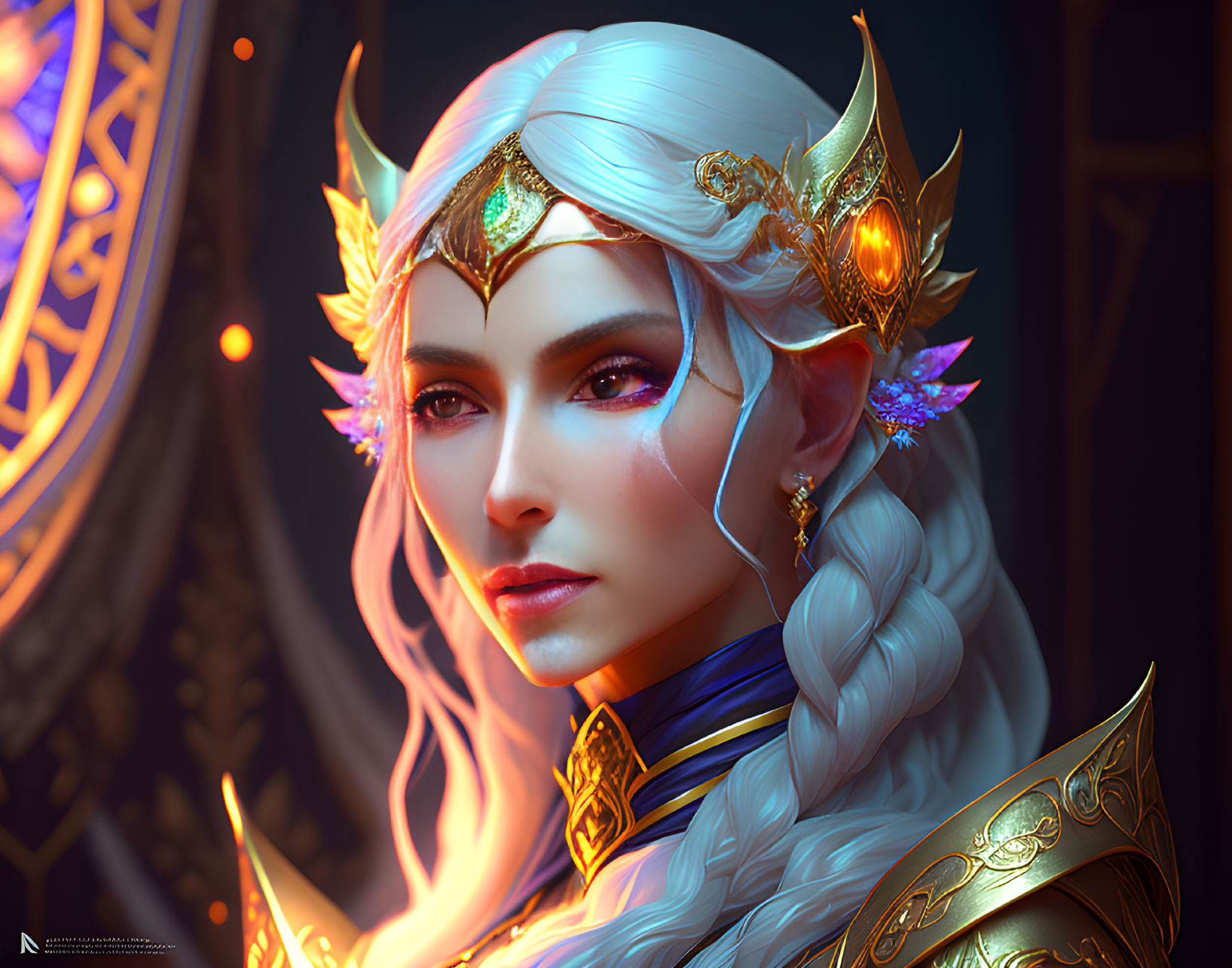 White-Haired Elf with Golden Crown and Armor Illustration